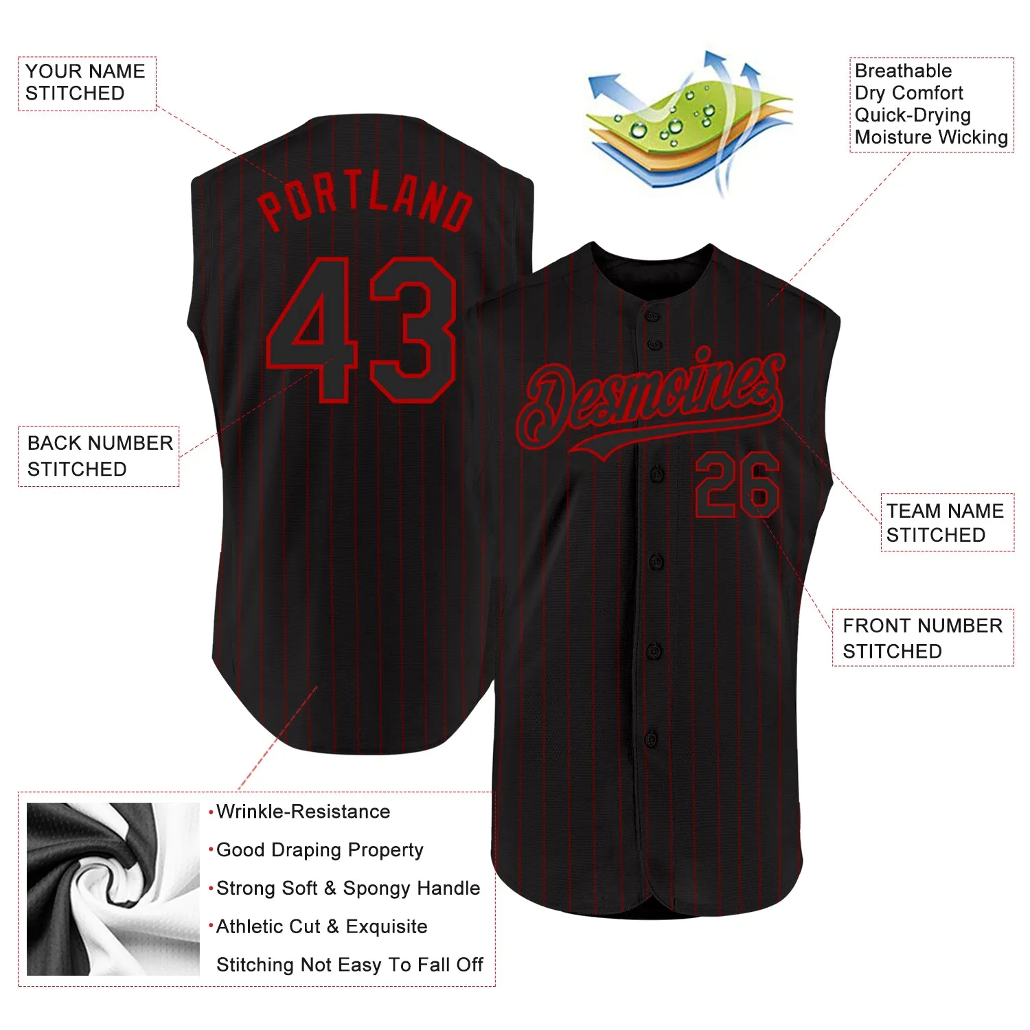 Custom Black Red Pinstripe Red Authentic Sleeveless Baseball Jersey