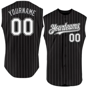 Custom Black White Pinstripe Light Blue Authentic Sleeveless Baseball Jersey