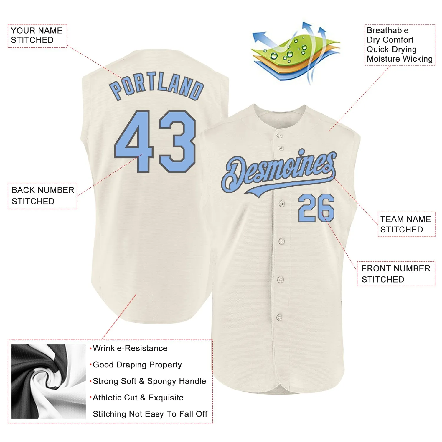 Custom Cream Light Blue-Steel Gray Authentic Sleeveless Baseball Jersey