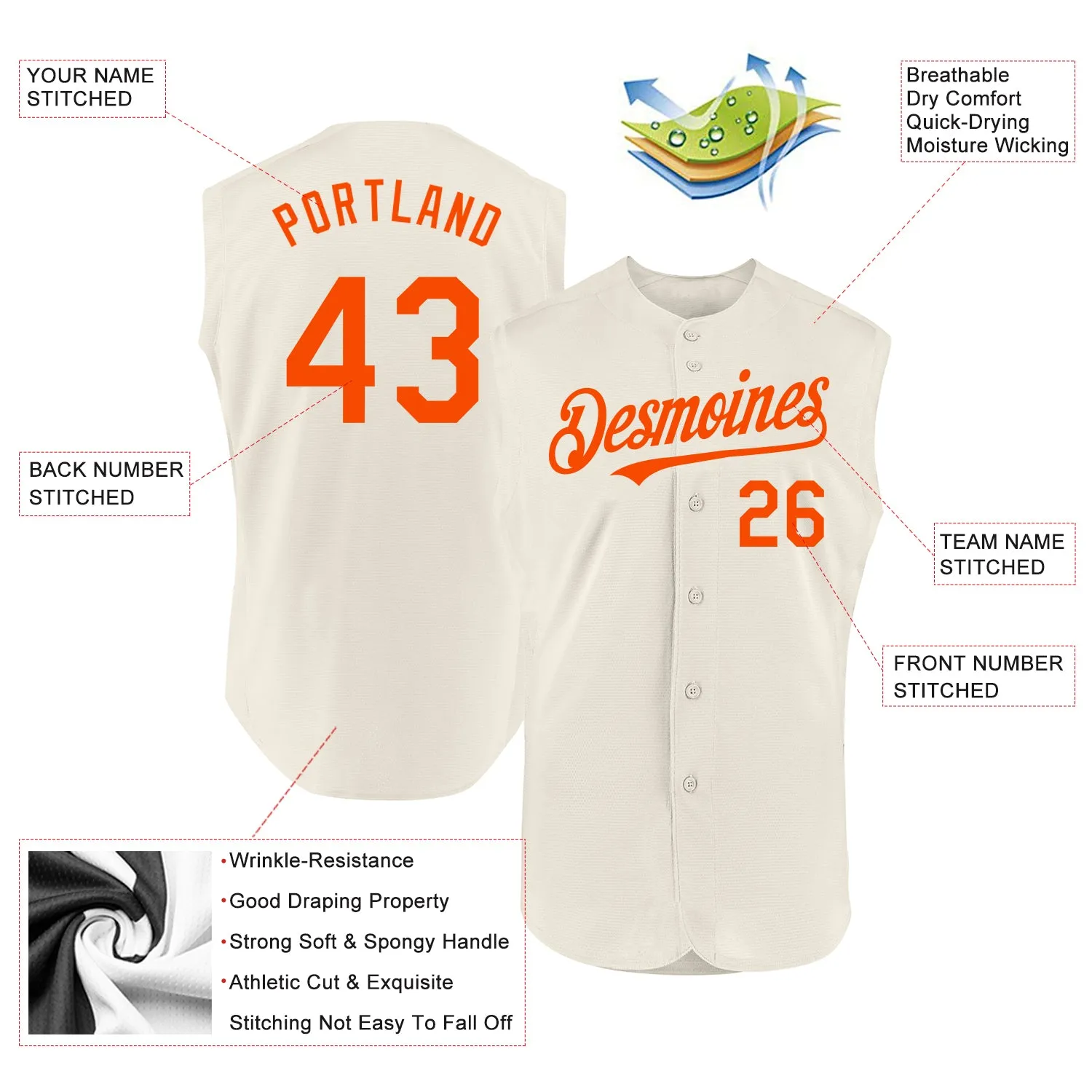 Custom Cream Orange Authentic Sleeveless Baseball Jersey