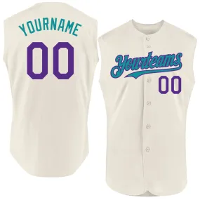 Custom Cream Purple-Teal Authentic Sleeveless Baseball Jersey