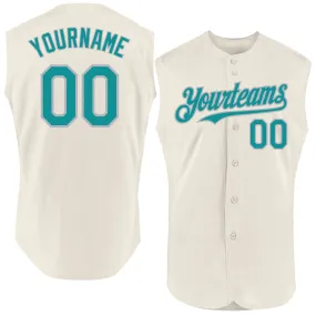 Custom Cream Teal-Gray Authentic Sleeveless Baseball Jersey