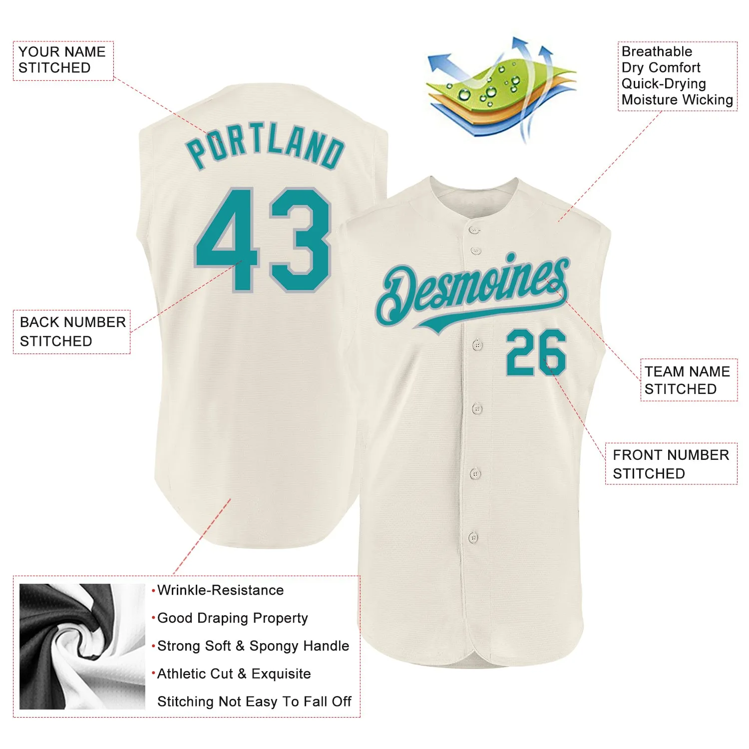 Custom Cream Teal-Gray Authentic Sleeveless Baseball Jersey