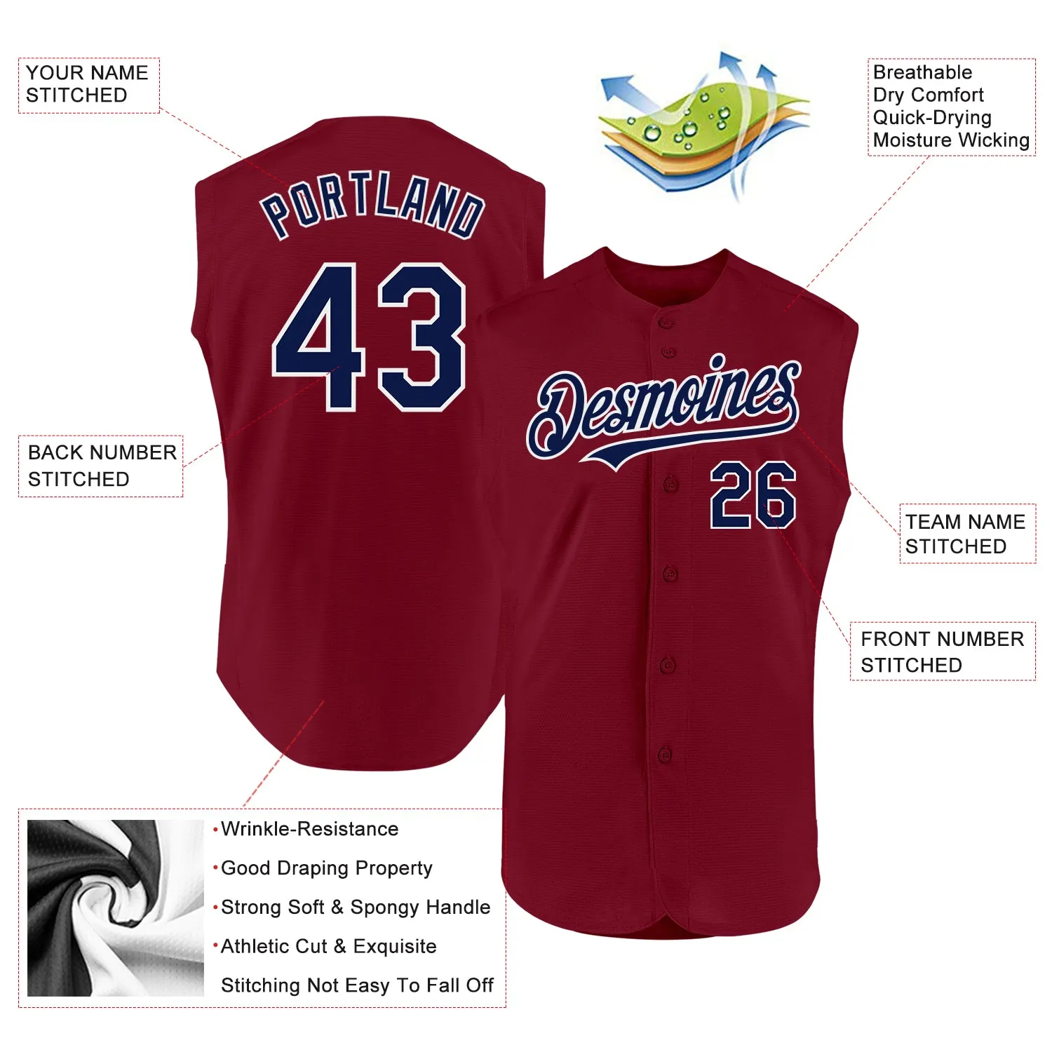 Custom Crimson Navy-White Authentic Sleeveless Baseball Jersey