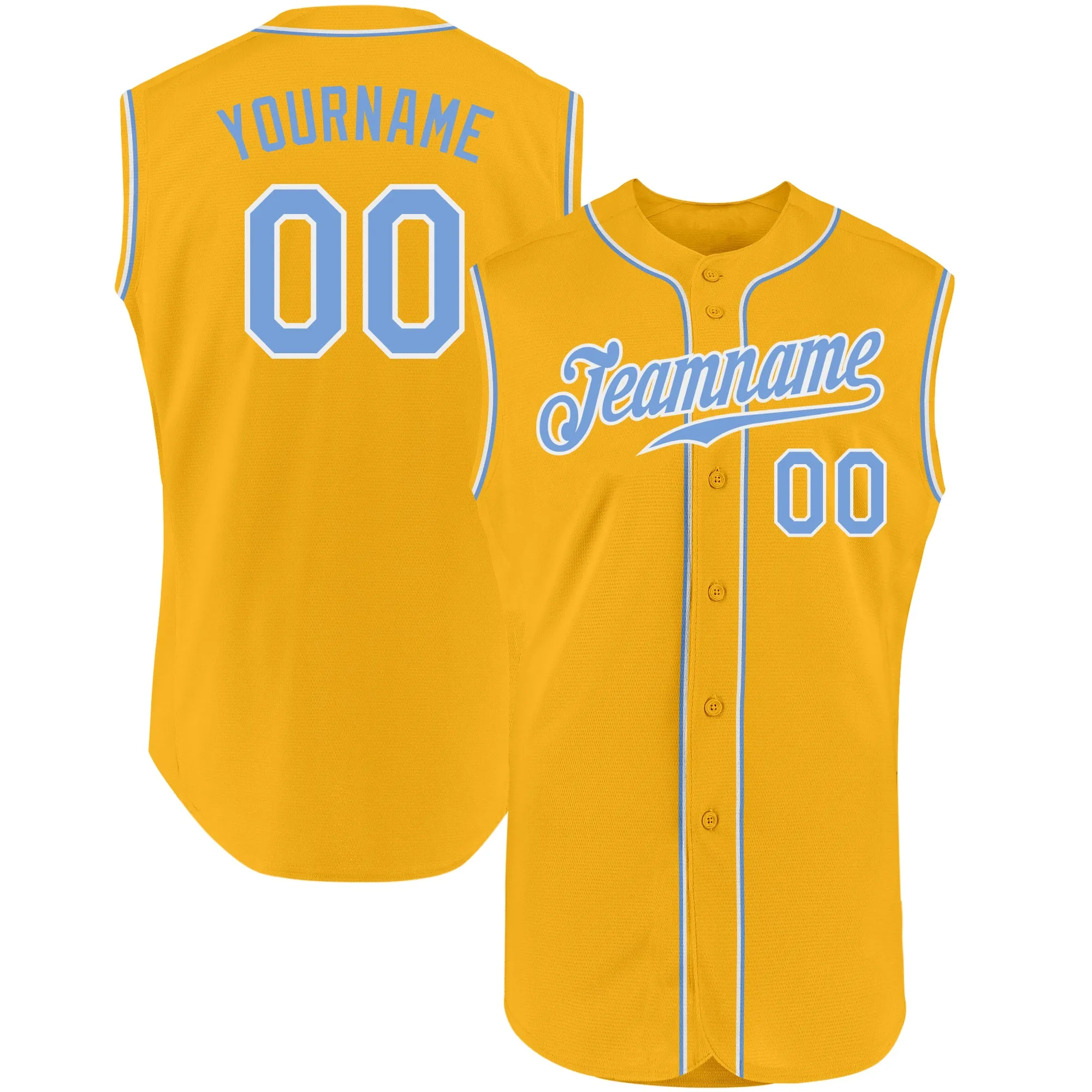 Custom Gold Light Blue-White Authentic Sleeveless Baseball Jersey