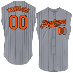 Custom Gray Black Pinstripe Orange Authentic Sleeveless Baseball Jersey