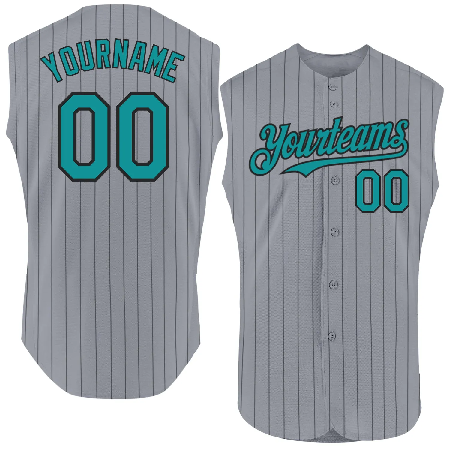 Custom Gray Black Pinstripe Teal Authentic Sleeveless Baseball Jersey