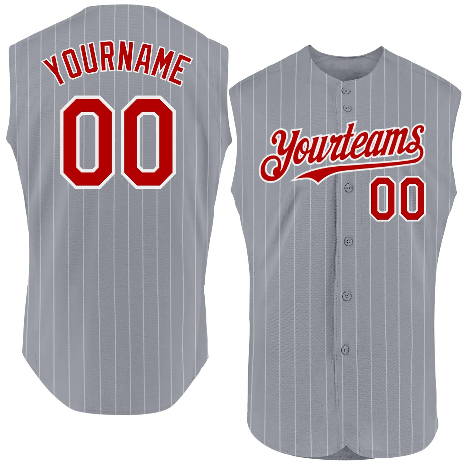 Custom Gray White Pinstripe Red Authentic Sleeveless Baseball Jersey