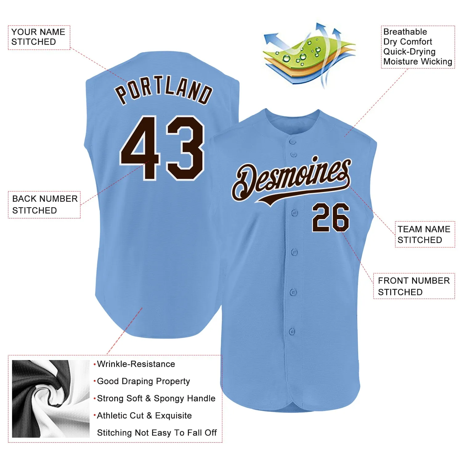 Custom Light Blue Brown-White Authentic Sleeveless Baseball Jersey