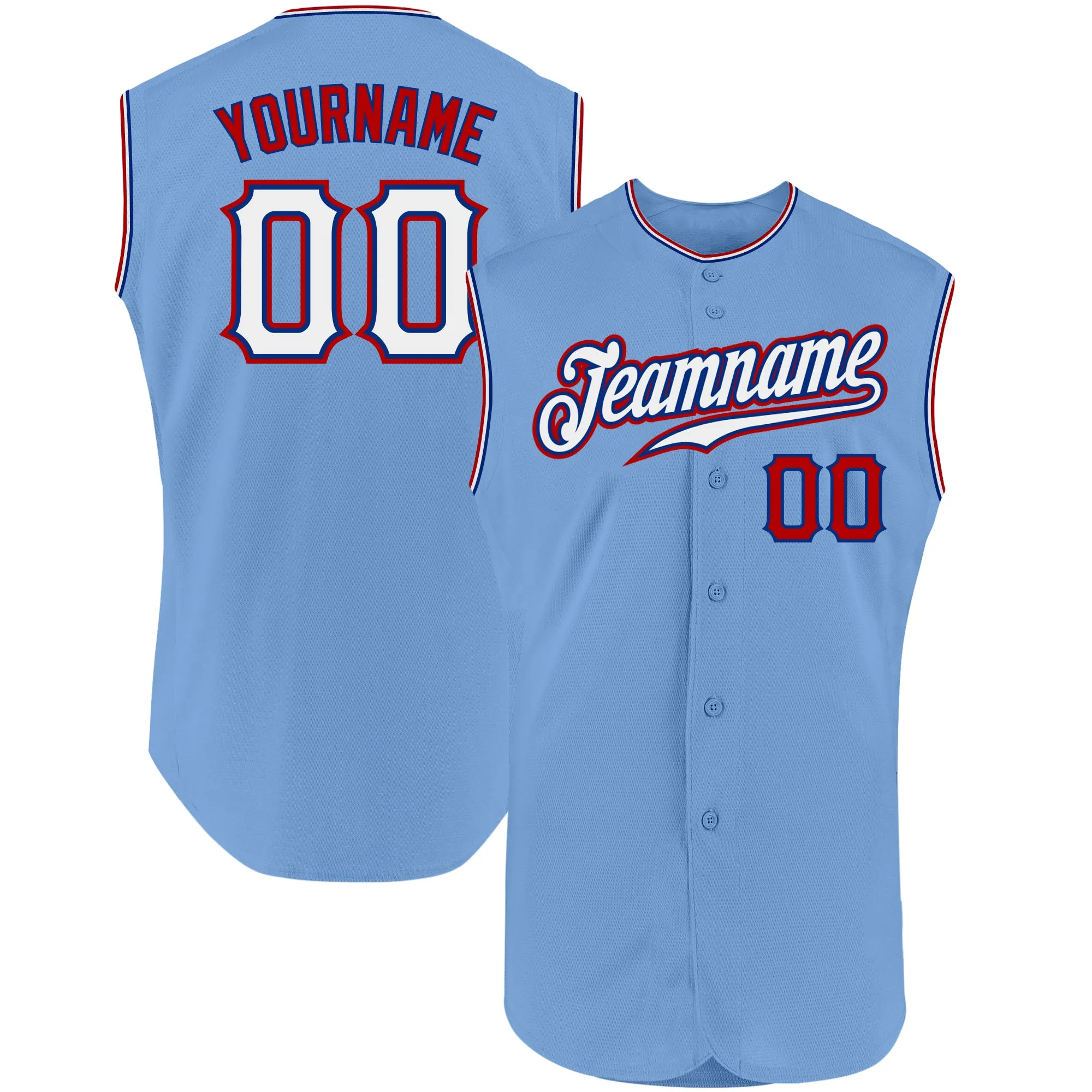 Custom Light Blue White-Red Authentic Sleeveless Baseball Jersey