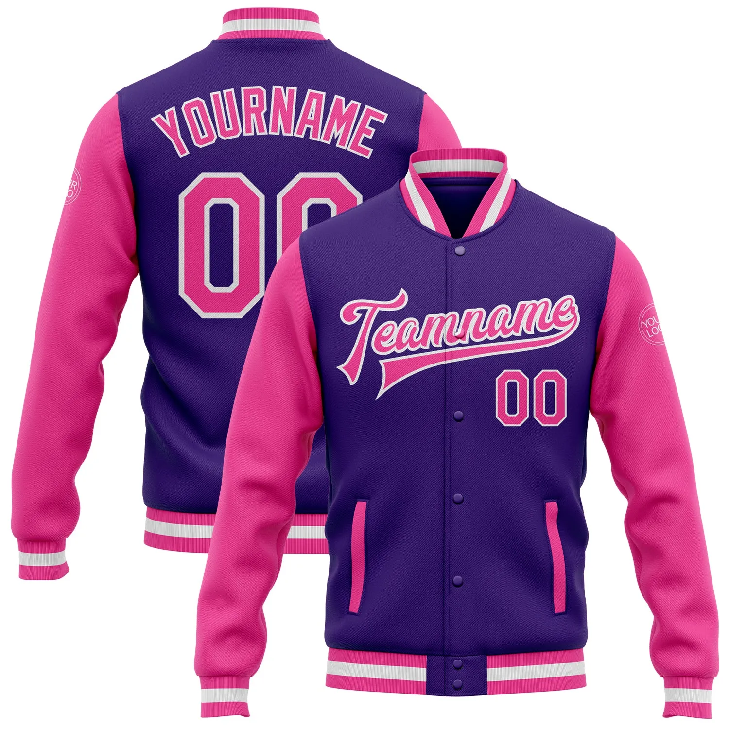 Custom Purple Pink-White Bomber Full-Snap Varsity Letterman Two Tone Jacket