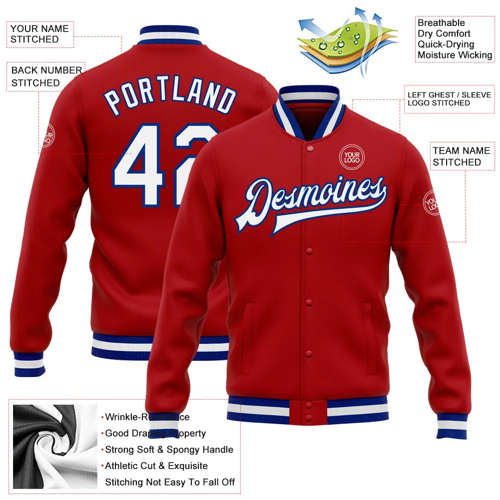 Custom Red White-Royal Bomber Full-Snap Varsity Letterman Jacket