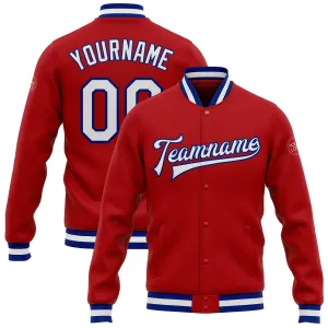 Custom Red White-Royal Bomber Full-Snap Varsity Letterman Jacket