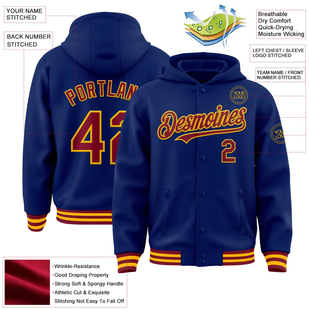 Custom Royal Crimson-Gold Bomber Full-Snap Varsity Letterman Hoodie Jacket