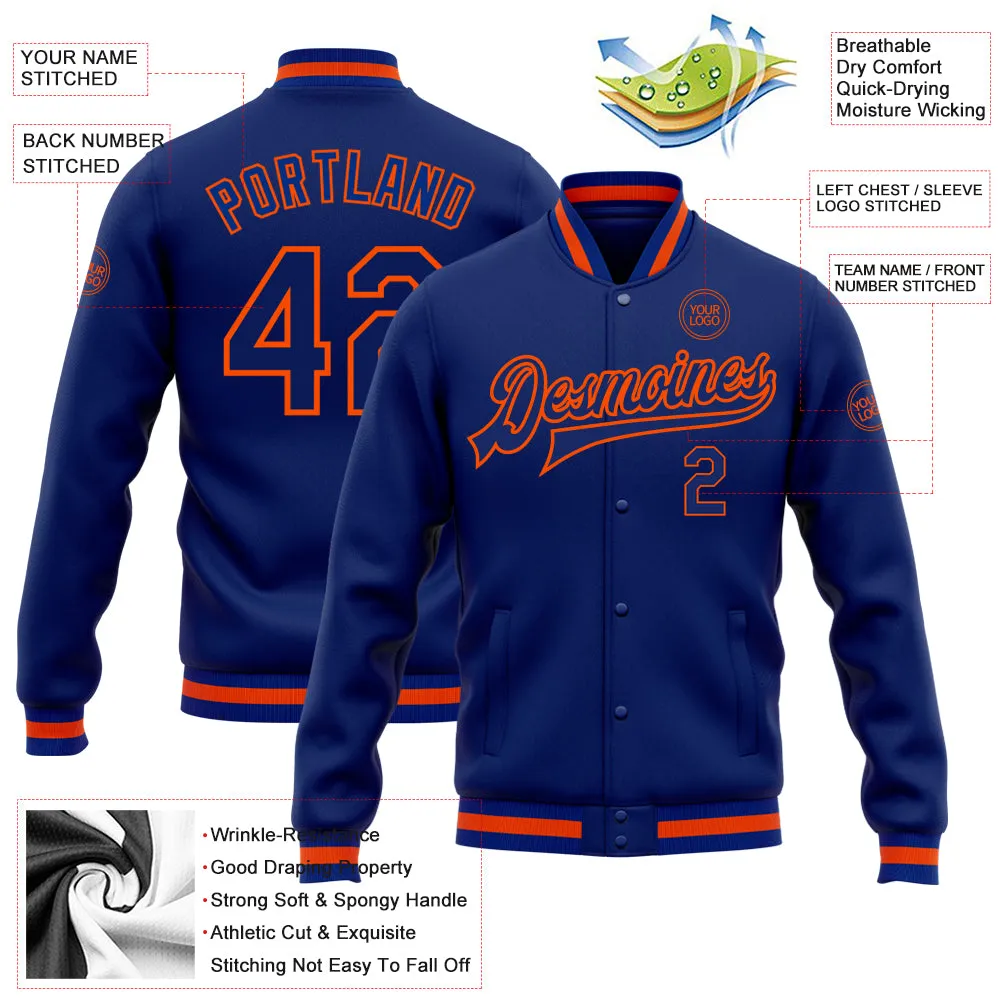 Custom Royal Royal-Orange Bomber Full-Snap Varsity Letterman Jacket