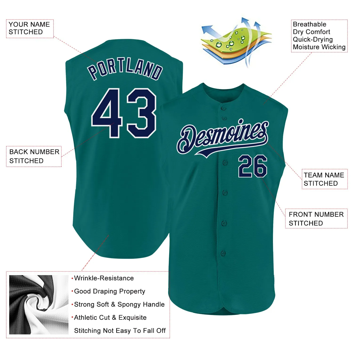 Custom Teal Navy-White Authentic Sleeveless Baseball Jersey