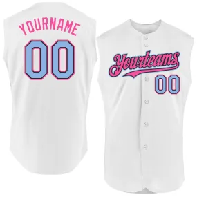 Custom White Light Blue Black-Pink Authentic Sleeveless Baseball Jersey