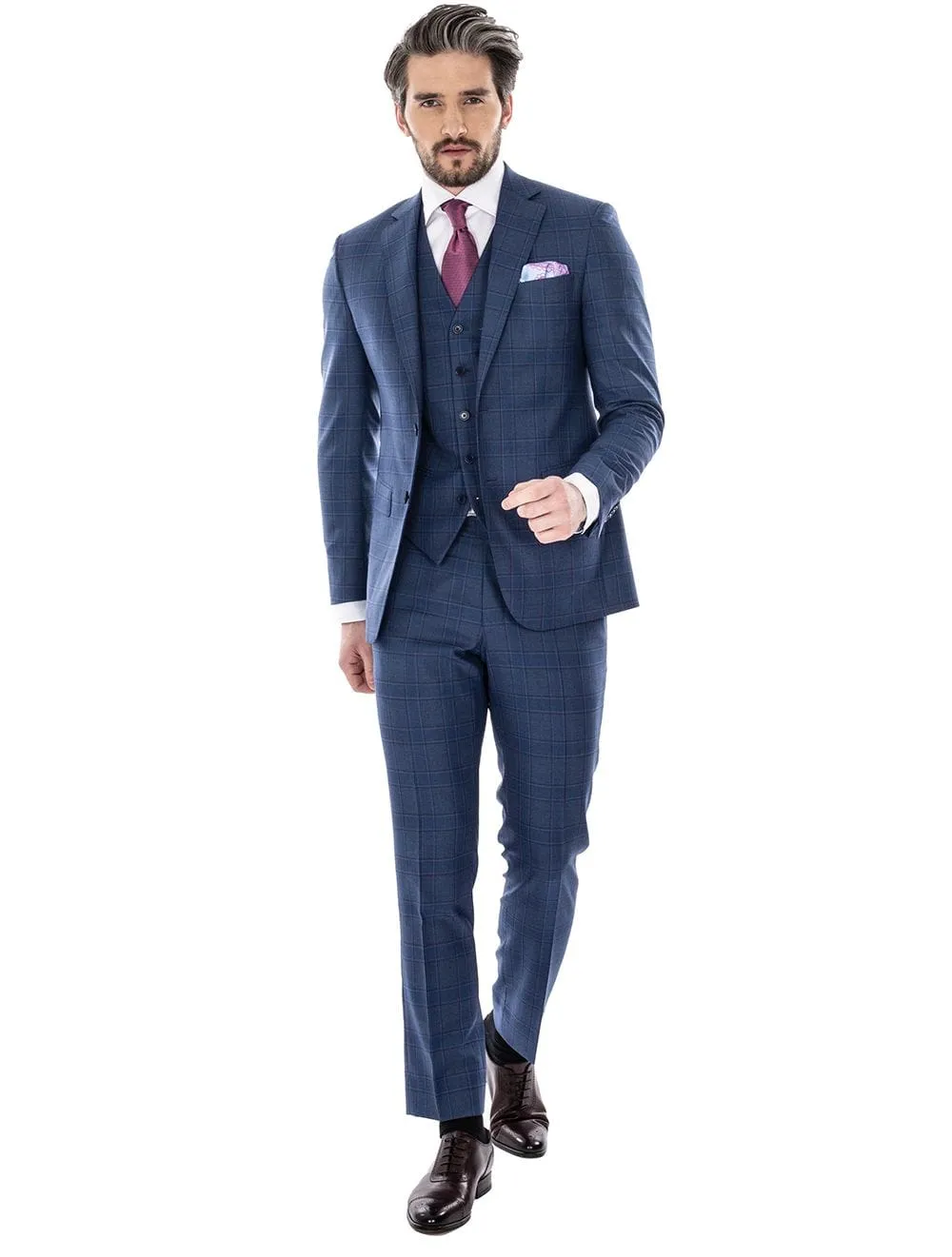 Deep Blue Plaid Check Slim Fit Three Piece Suit Blue