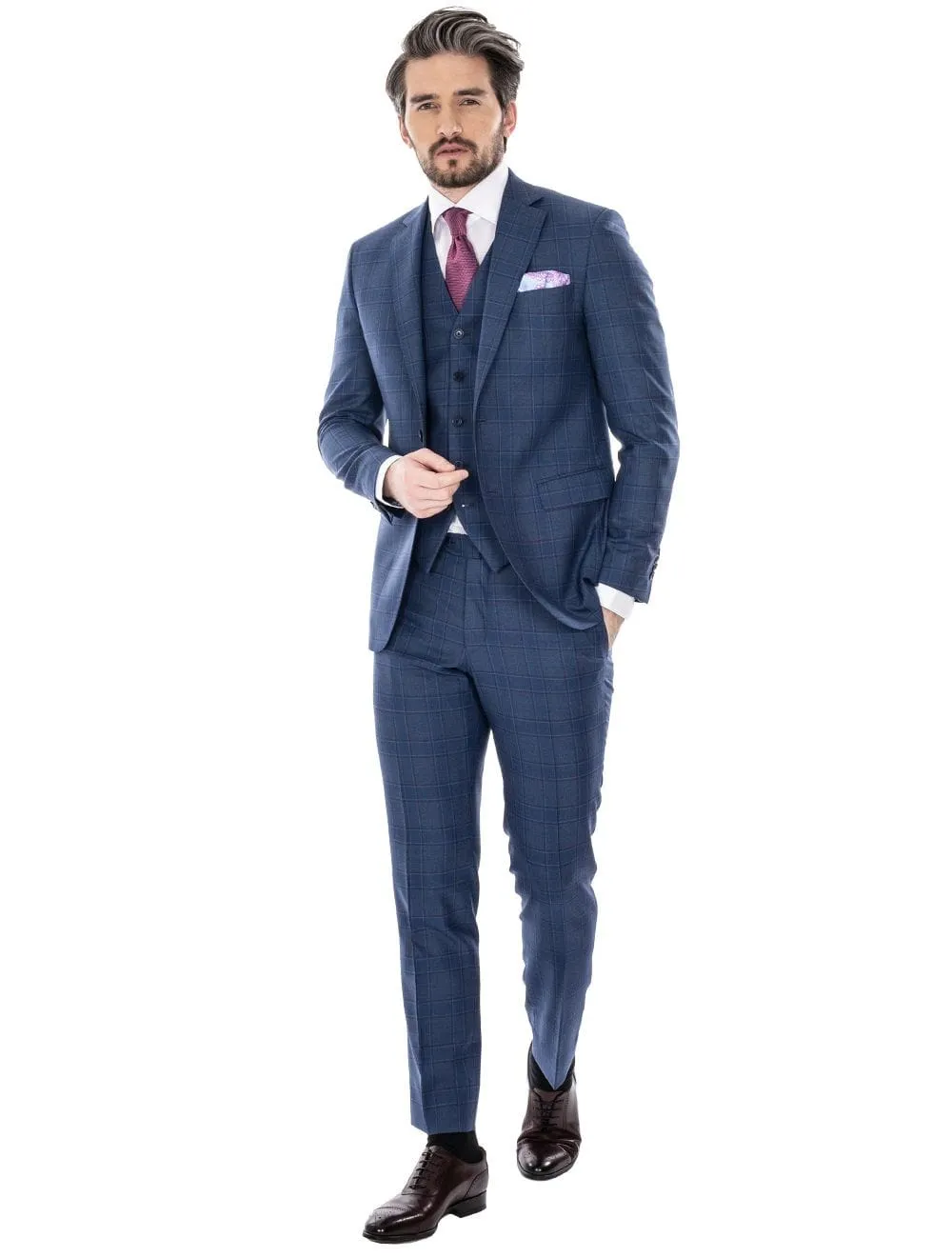 Deep Blue Plaid Check Slim Fit Three Piece Suit Blue