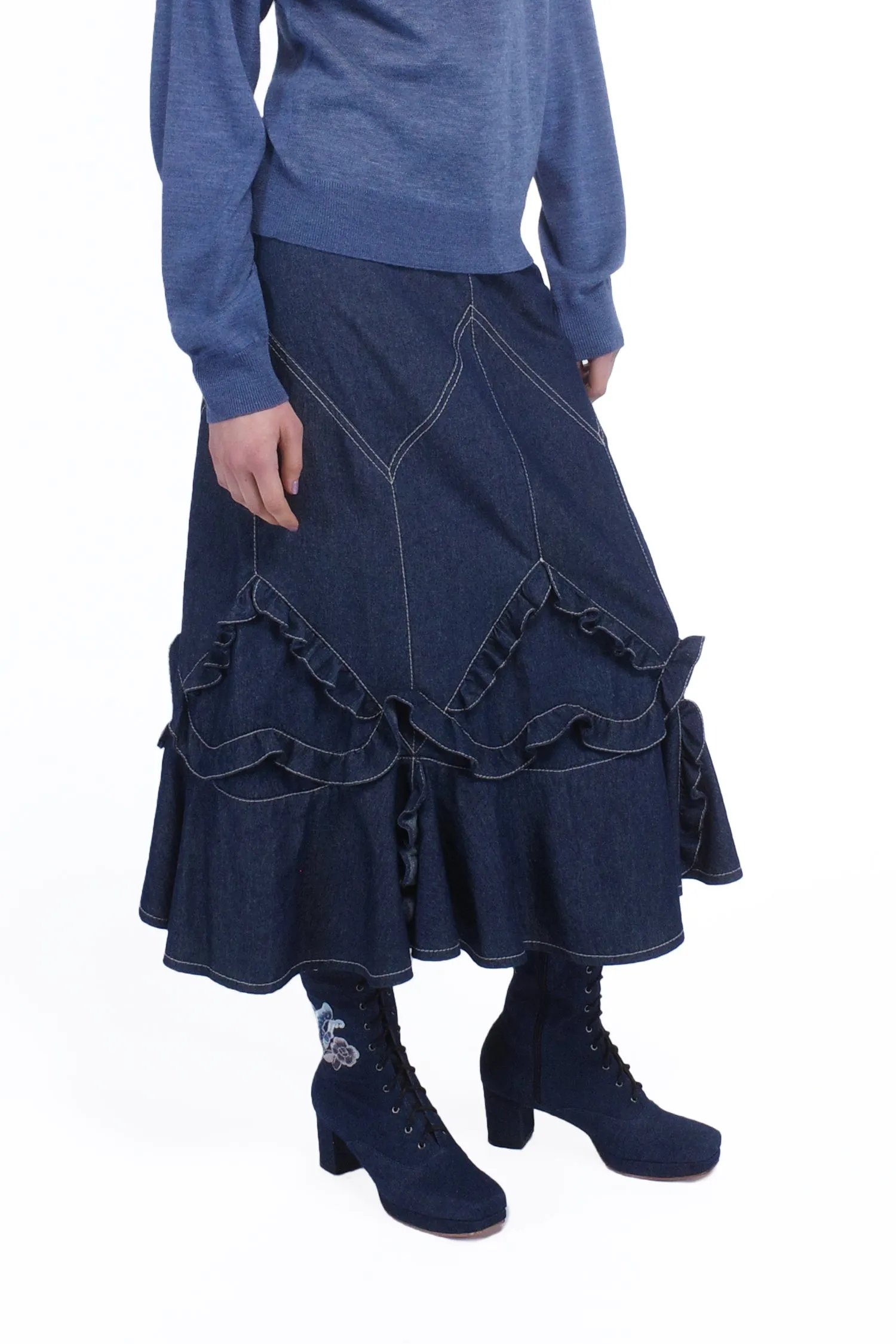 Denim Ruffle Maxi Skirt