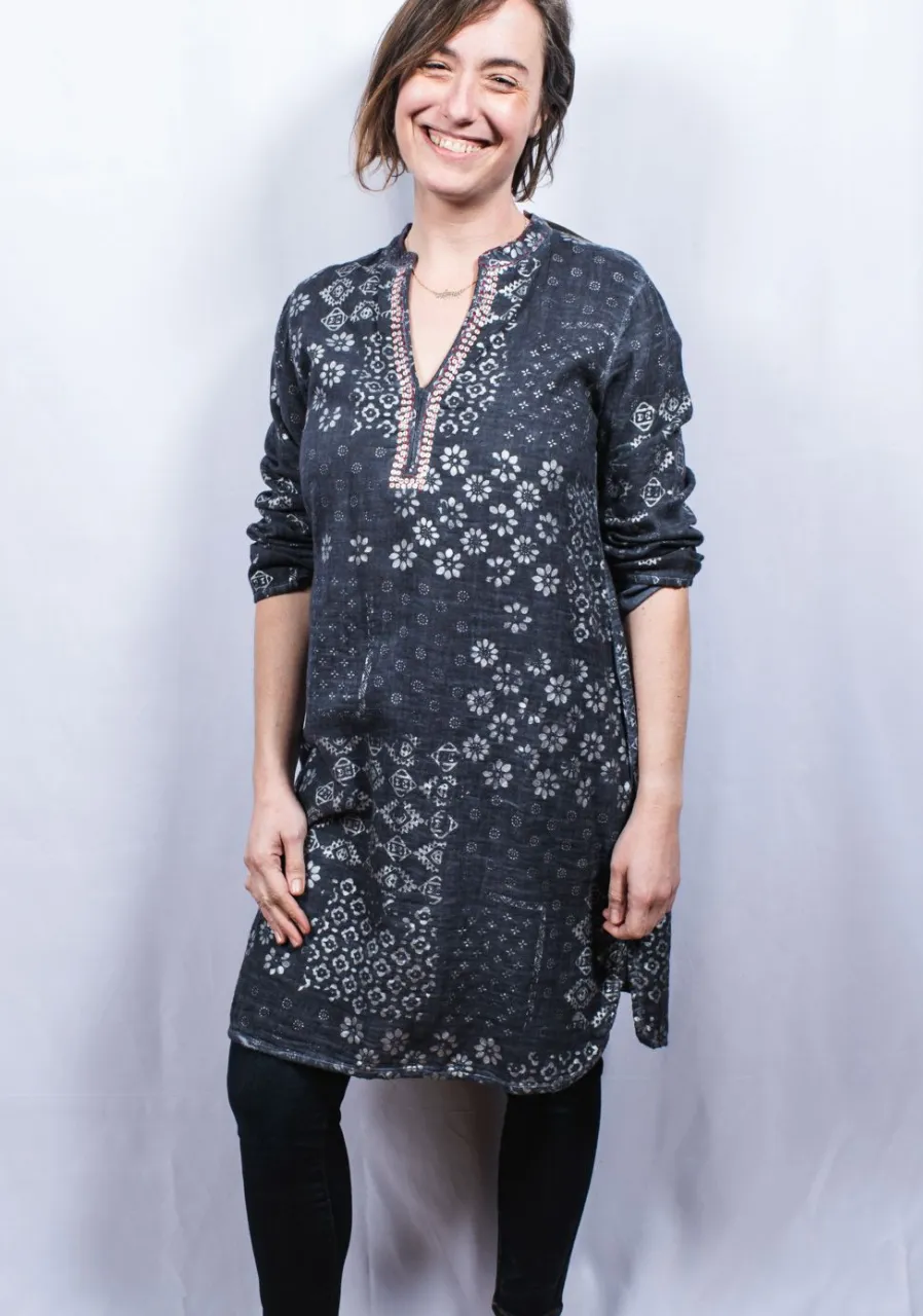 Dolma Cotton Long Tunic Dress Navy