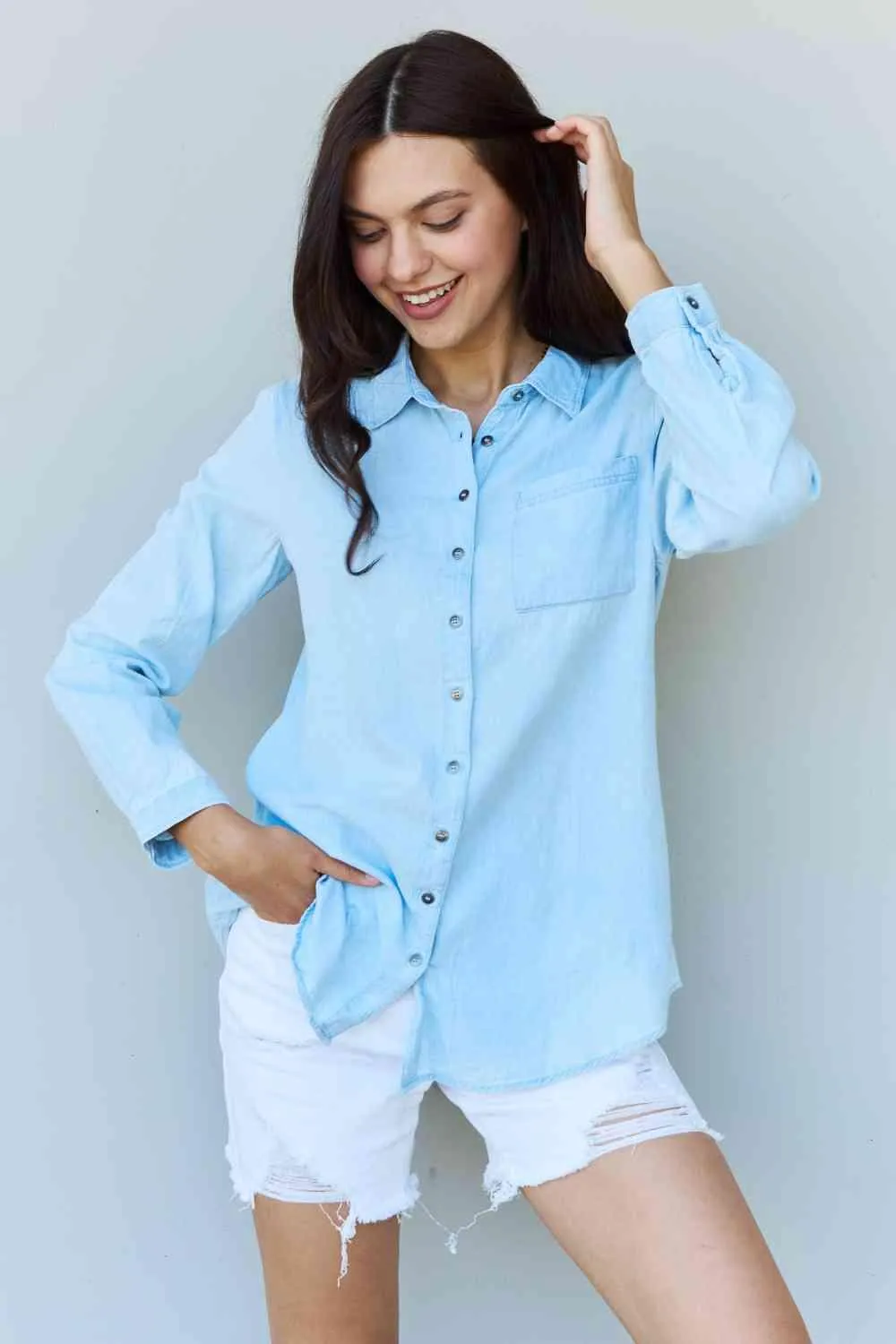 Doublju Blue Jean Baby Denim Button Down Shirt Top in Light