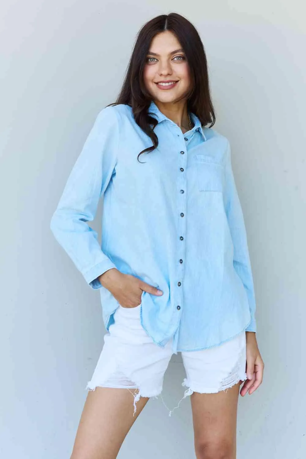 Doublju Blue Jean Baby Denim Button Down Shirt Top in Light