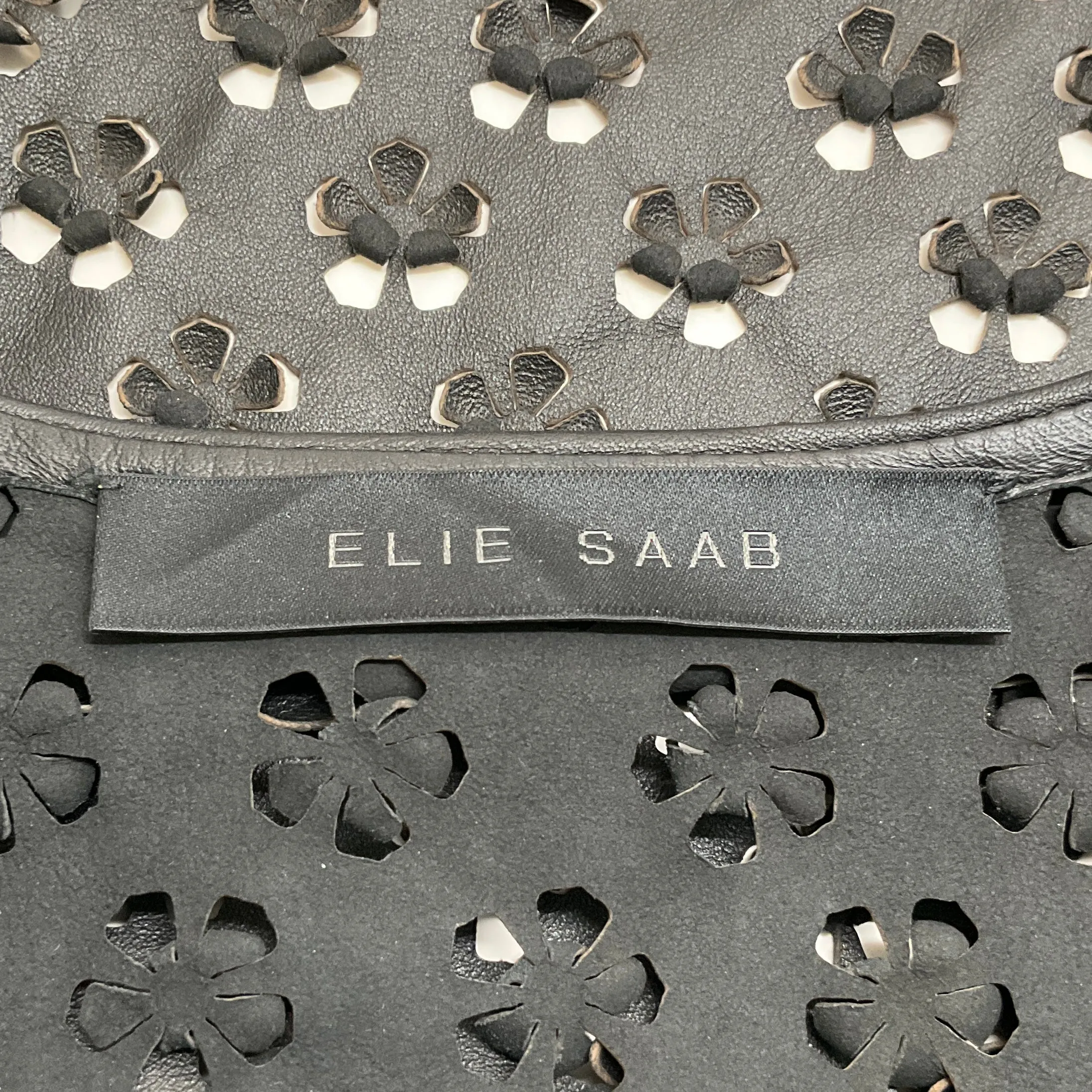 Elie Saab Black Leather Floral Eyelet Jacket