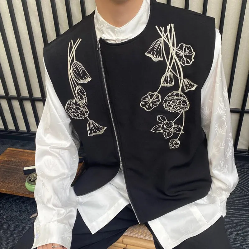 Embroidery Men's Vest New Chinese Style Round Neck Contrast Color Zipper Male Waistcoat Retro Spring Stylish 9C4567