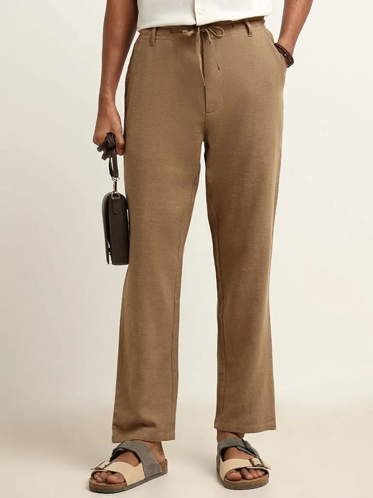 ETA Brown Self-Patterned Cotton Relaxed Fit Chinos