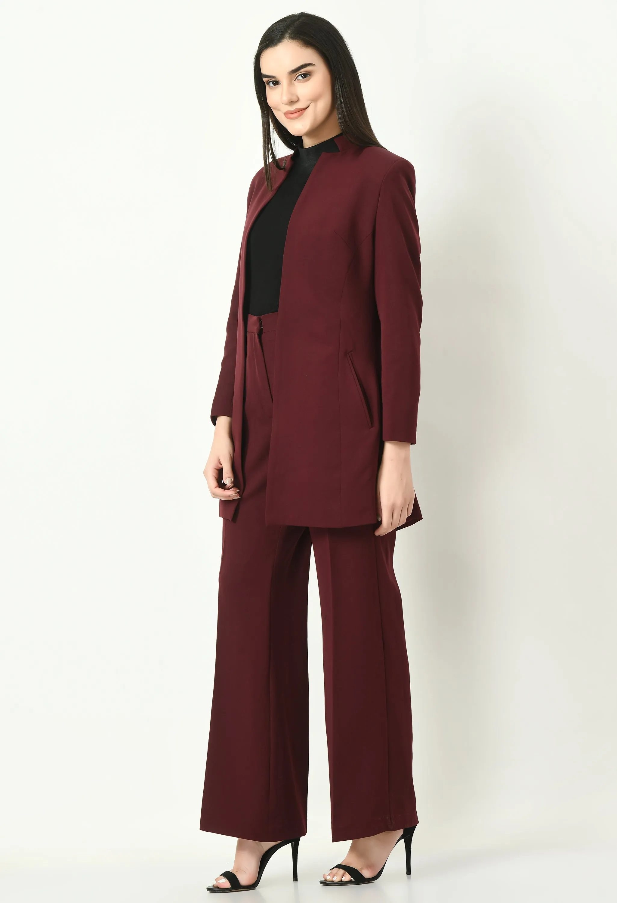 Exude Mastery Solid Long Blazer with Bootcut Trousers (Wine)