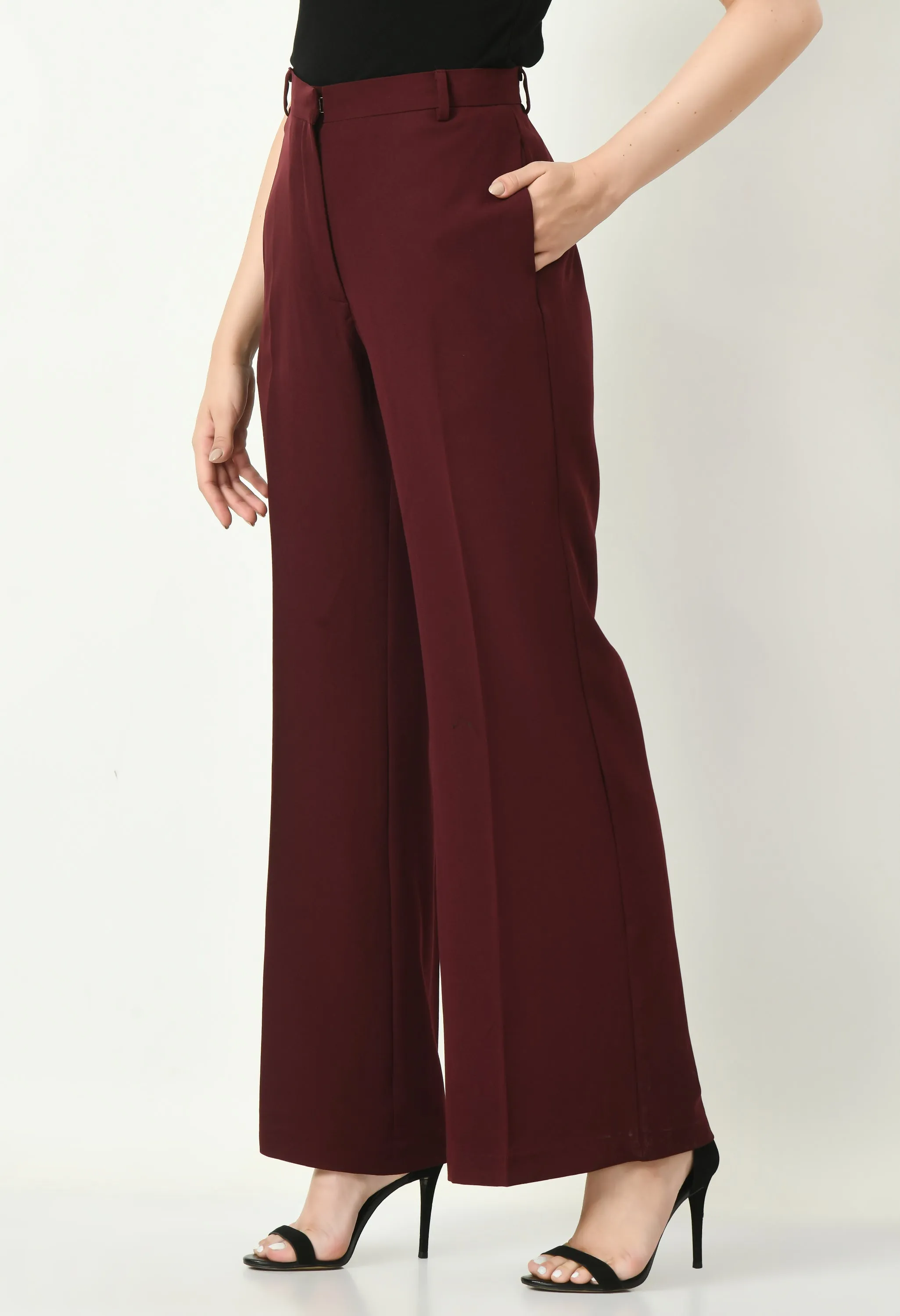 Exude Mastery Solid Long Blazer with Bootcut Trousers (Wine)