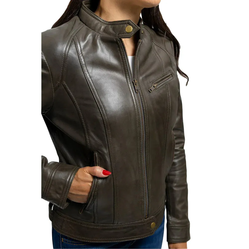 Favorite Womens Fashion Leather Jacket Army Green