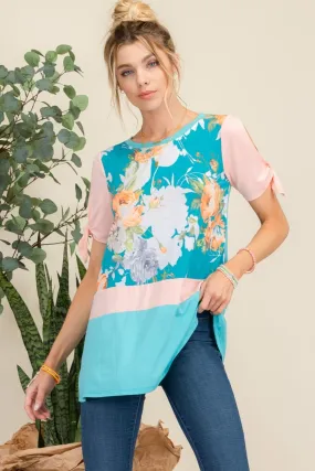 Full Size Open Tie Sleeve Floral Contrast Top