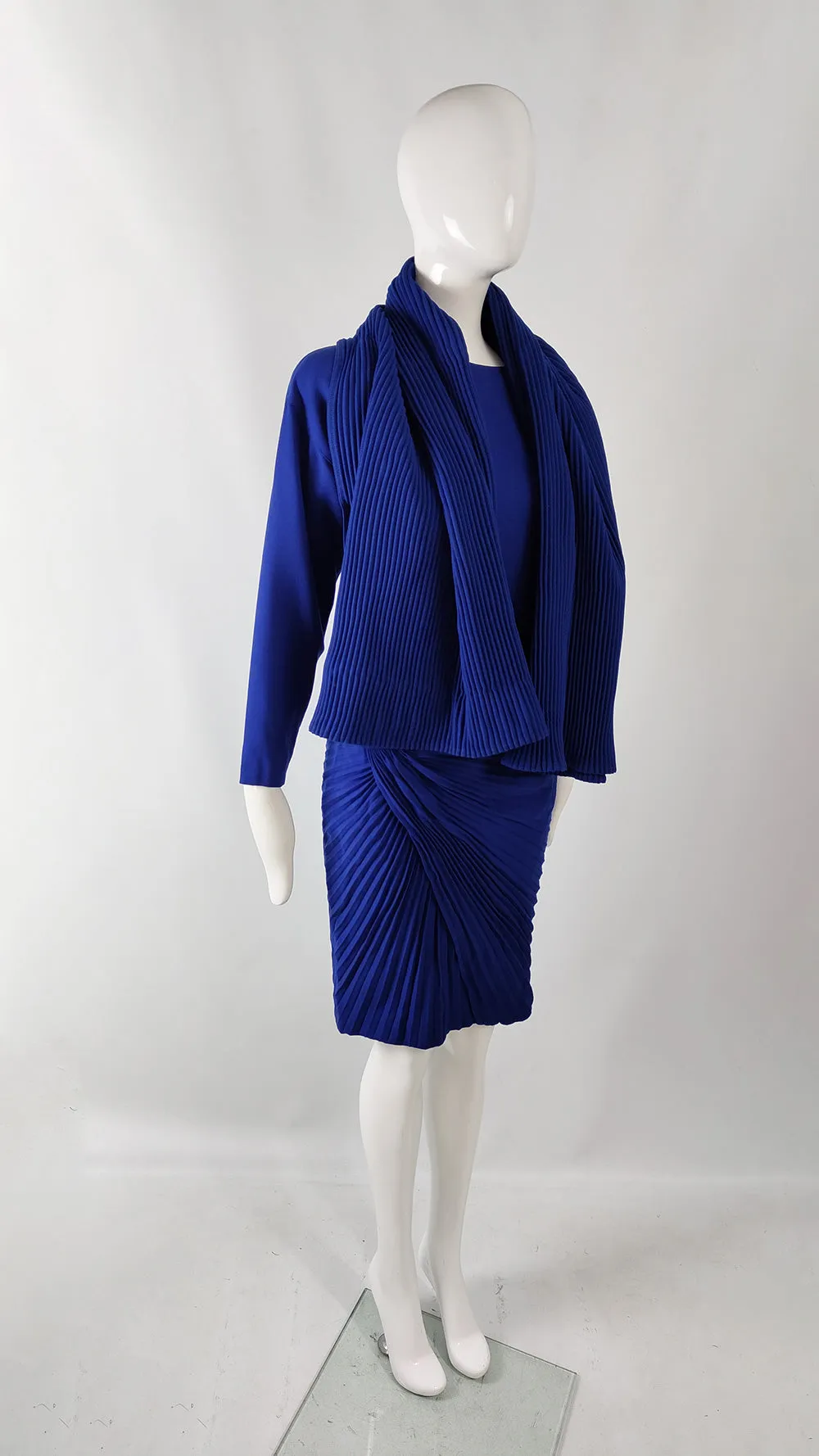 Gianni Versace Couture Blue Wool Pleated Dress & Scarf, Fall 1989