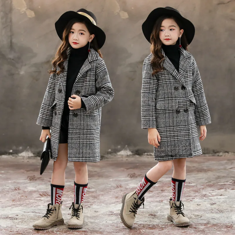 Gray plaid houndstooth coat for girls