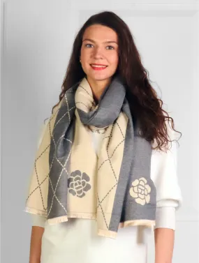 Grey and Cream Diamond and Floral Blanket Scarf