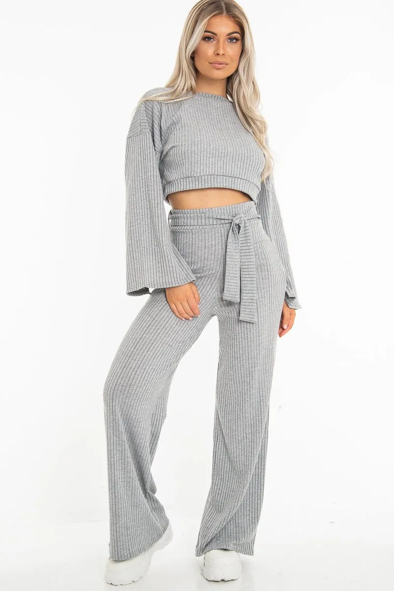 Grey Rib Crop Jumper Tie Wide Leg Trousers Loungewear Co-Ord - Mirabel