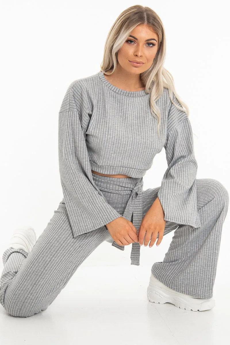 Grey Rib Crop Jumper Tie Wide Leg Trousers Loungewear Co-Ord - Mirabel