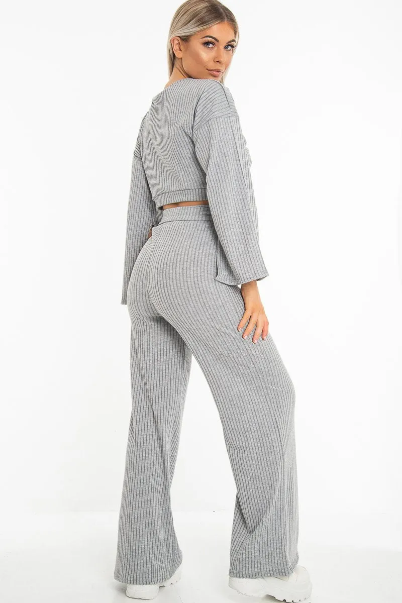 Grey Rib Crop Jumper Tie Wide Leg Trousers Loungewear Co-Ord - Mirabel