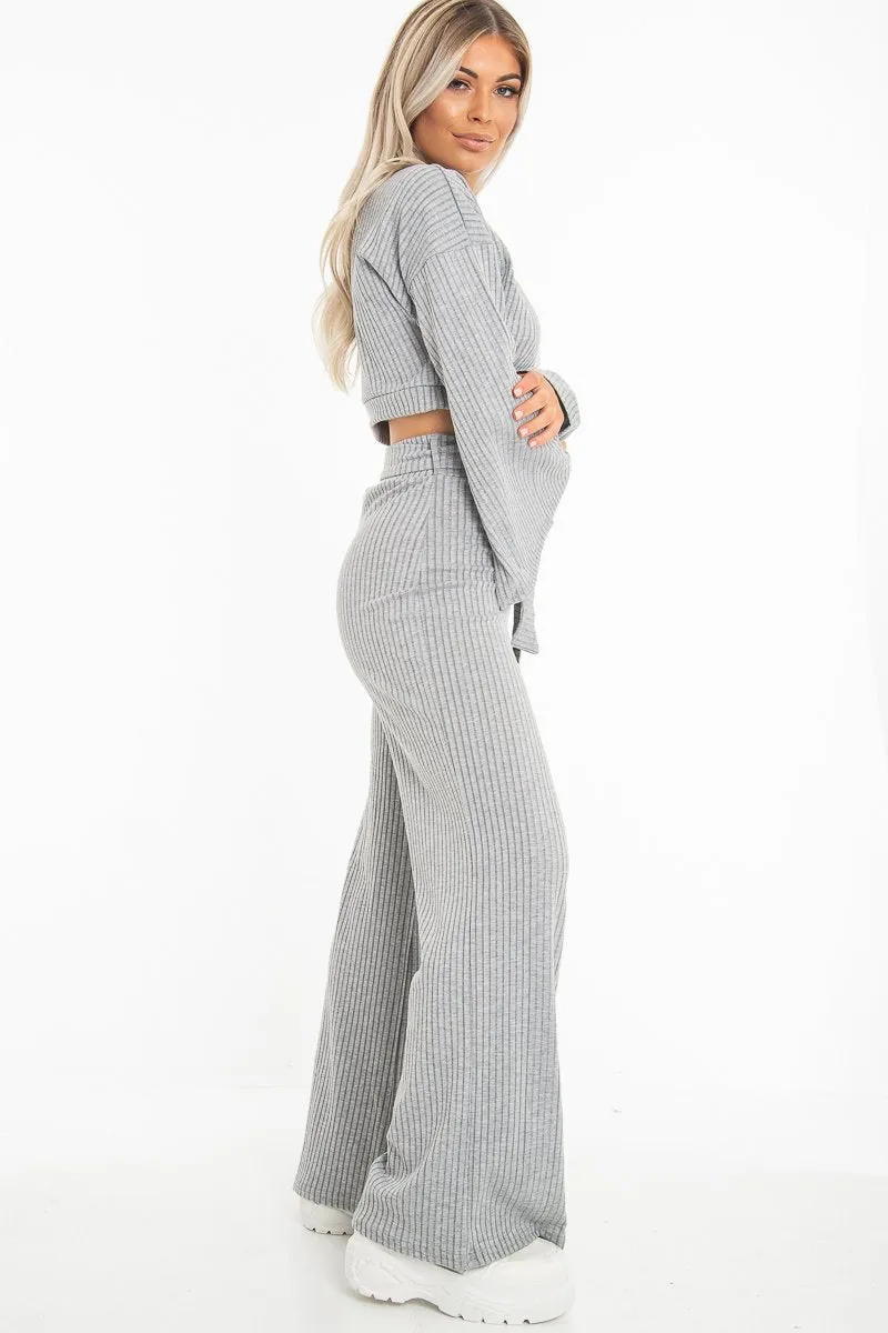 Grey Rib Crop Jumper Tie Wide Leg Trousers Loungewear Co-Ord - Mirabel