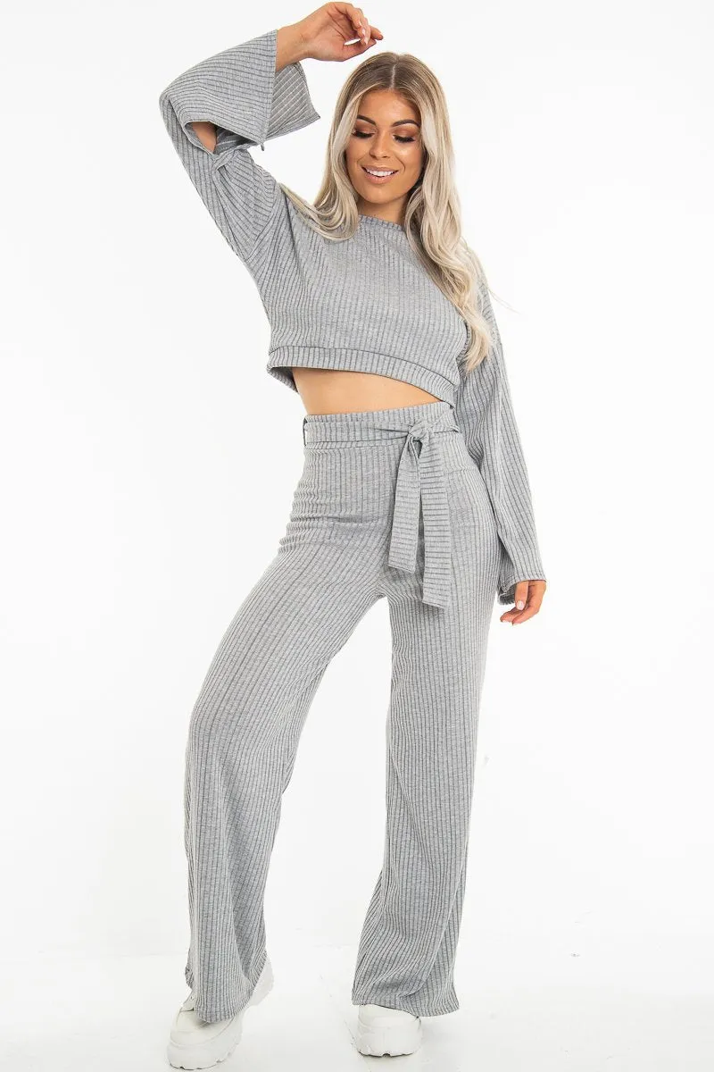 Grey Rib Crop Jumper Tie Wide Leg Trousers Loungewear Co-Ord - Mirabel