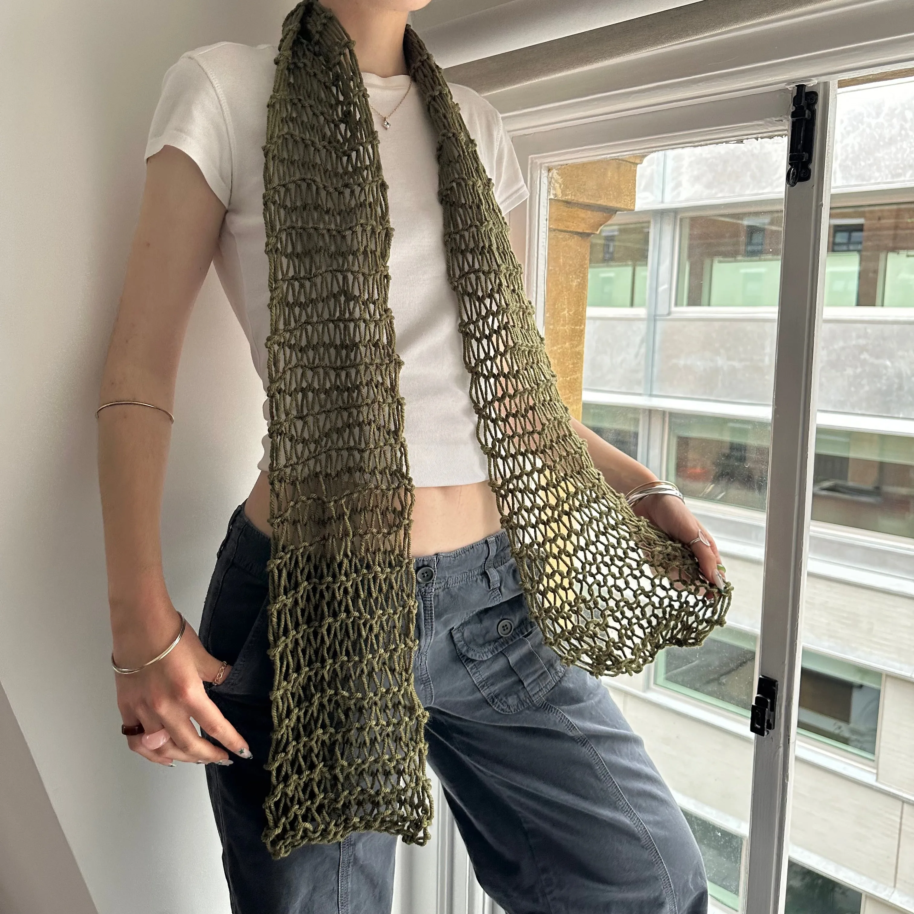 Handmade fishnet knitted scarf in khaki green