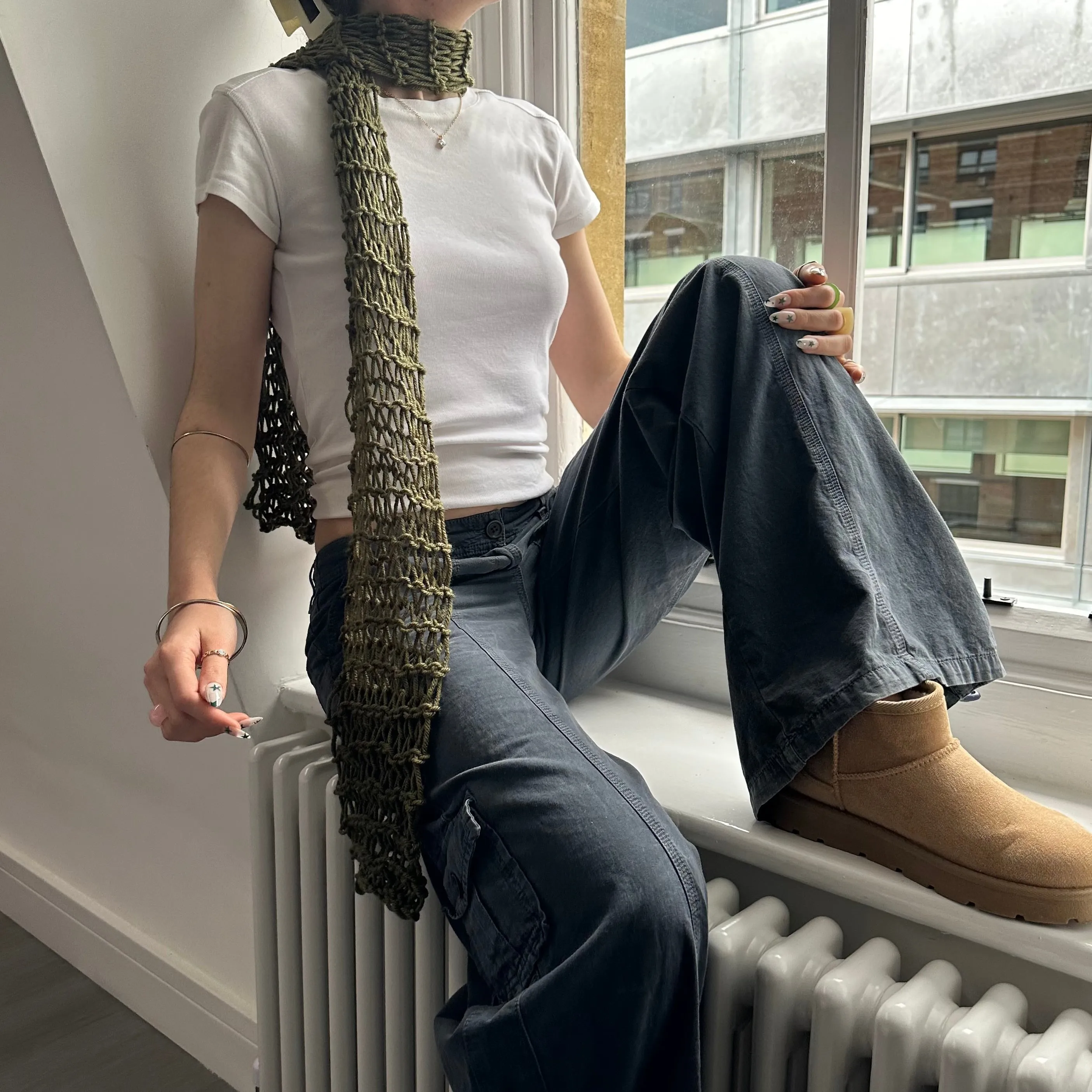 Handmade fishnet knitted scarf in khaki green