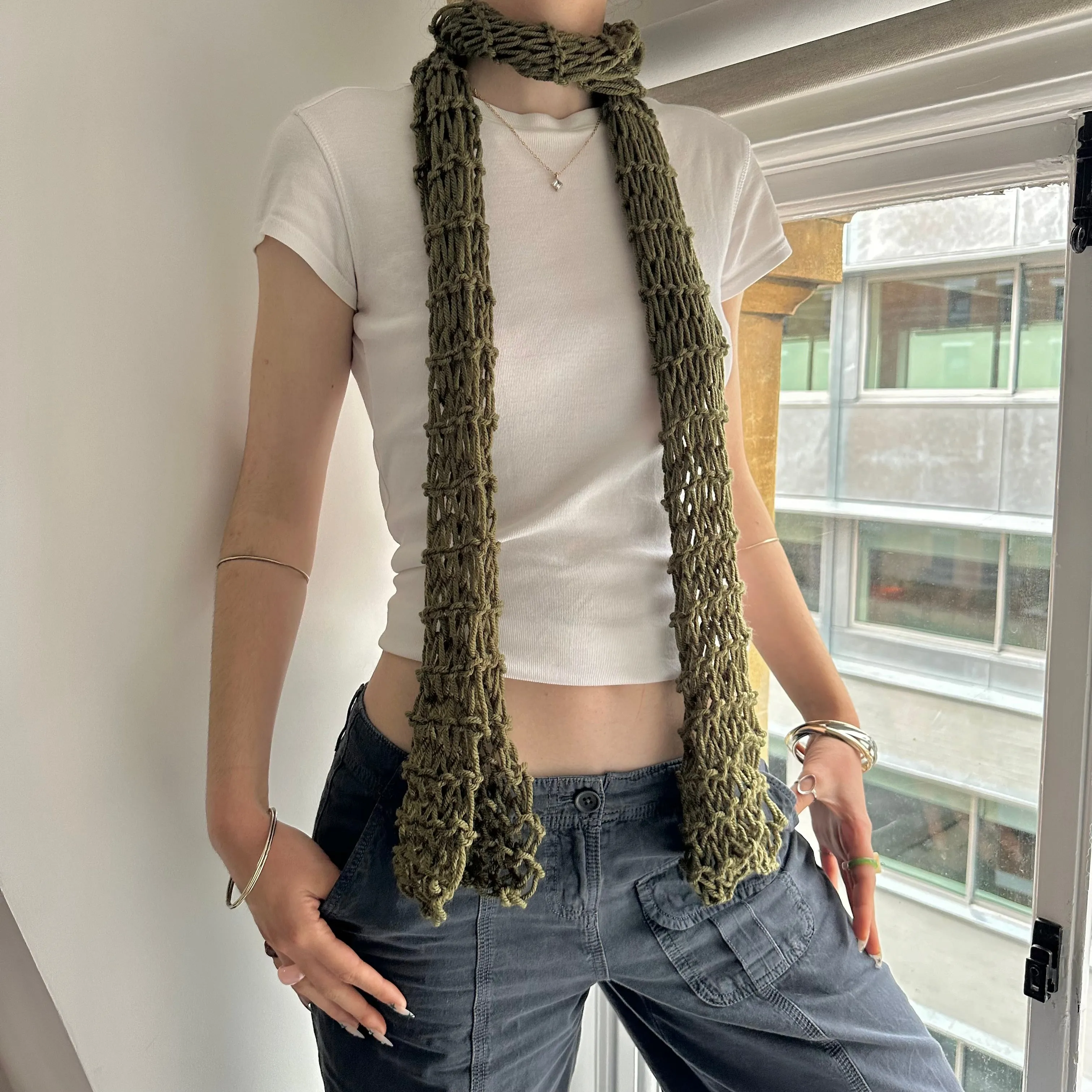 Handmade fishnet knitted scarf in khaki green