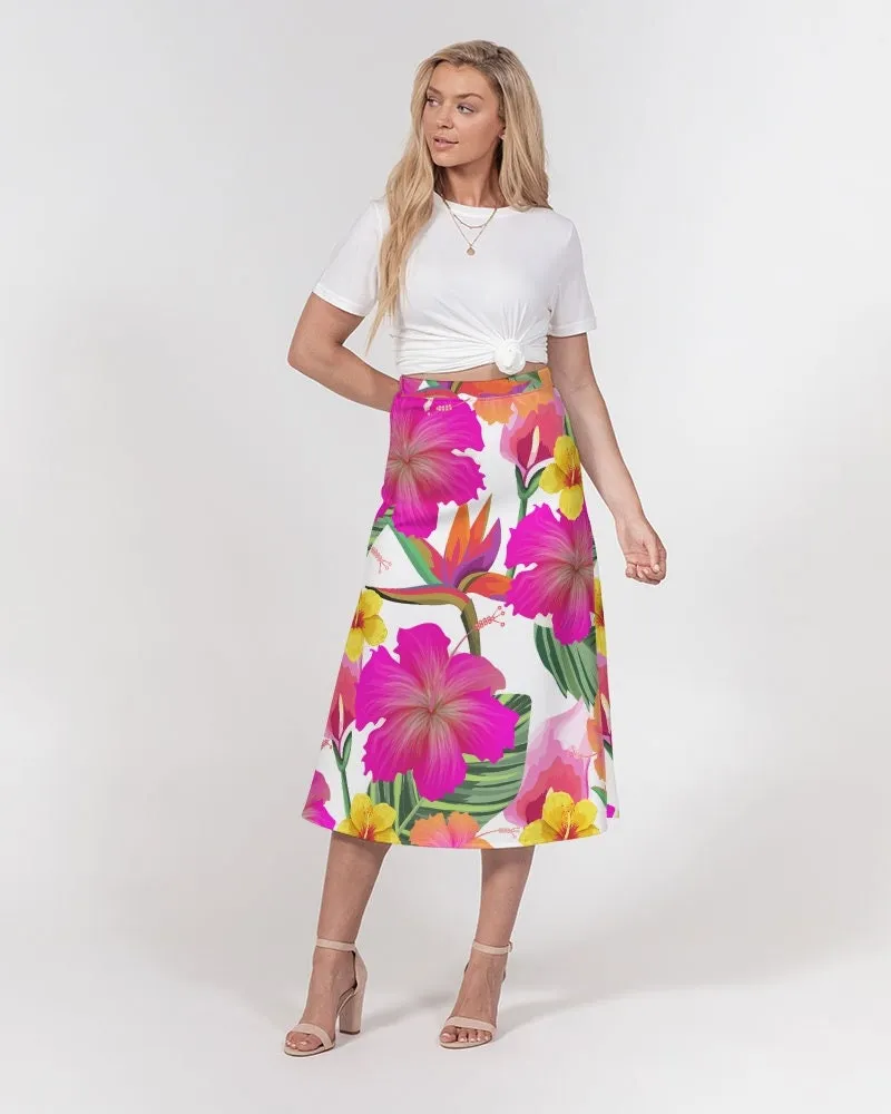 Hibiscus Paradise Floral Women’s A Line Midi Skirt