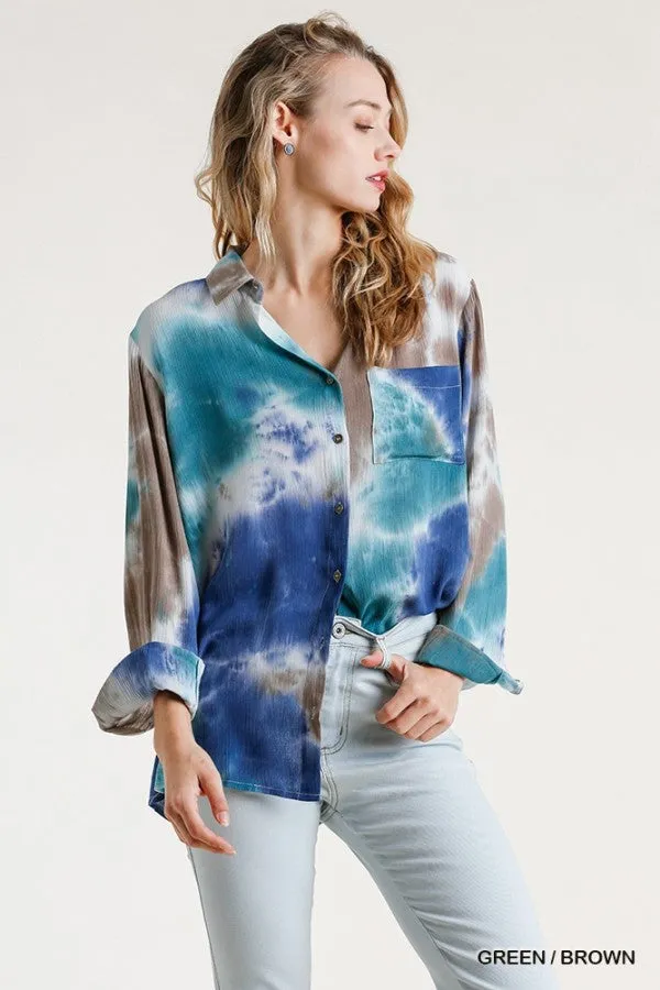 Hidden Gem Tie Dye Blouse, Green Brown