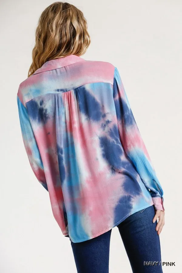 Hidden Gem Tie Dye Blouse, Navy Pink