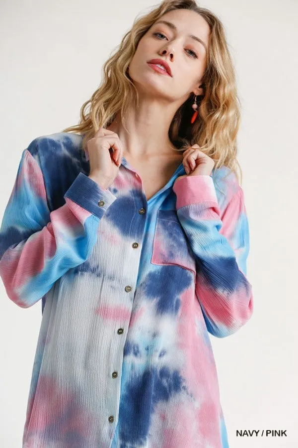 Hidden Gem Tie Dye Blouse, Navy Pink