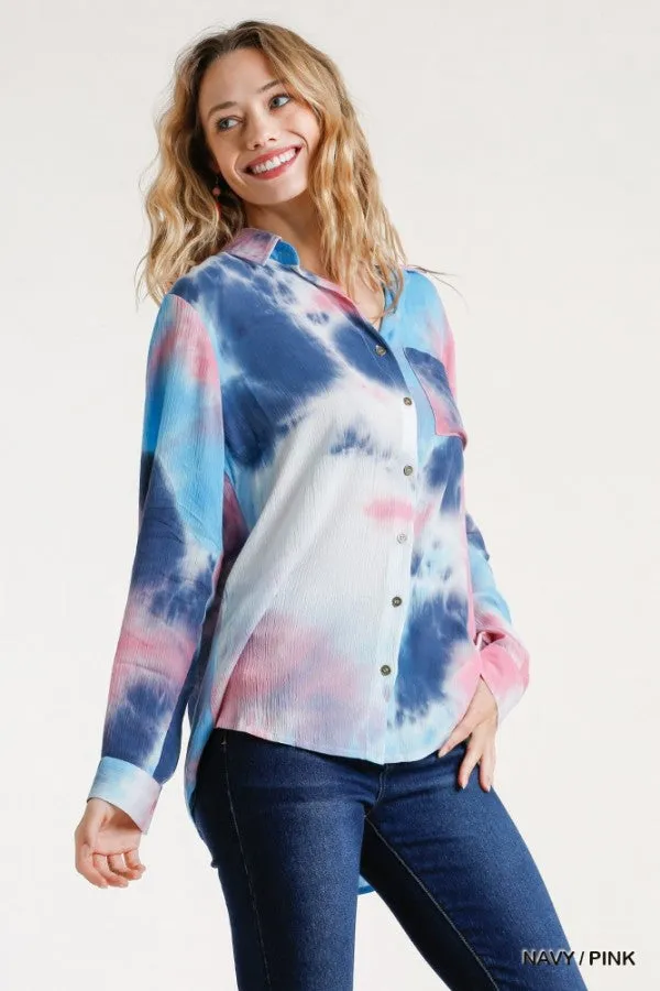 Hidden Gem Tie Dye Blouse, Navy Pink